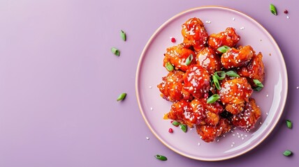 Wall Mural - Plate of sweet and sour chicken garnished with sesame seeds green onions
