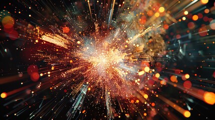 Poster - Fragmented fragments of light radiating from a central point capturing the explosive power and potential of harnessing the energy of the atom