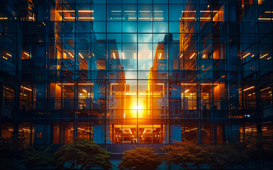 Wall Mural - A city skyline with a large glass building in the foreground. The sun is setting and the sky is orange