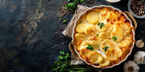 Canvas Print - Layered French gratin dauphinois Potatoes and cream in a baking dish. Concept French gratin dauphinois, Layered potatoes, Creamy, Baked dish, Comfort food