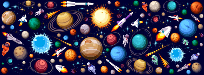 Background design with many planets in space illustration. Space icon set and astronaut