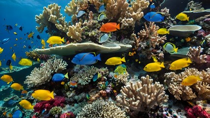 A vibrant coral reef teeming with colorful fish and marine life, showcasing the beauty of underwater ecosystems