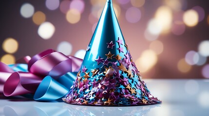 Wall Mural - A shiny blue party cap with multi-colored streamers curling around it, isolated on a crisp white solid background