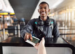 © peopleimages.com - Black man, airport and happy with passport at help desk for journey, travel and boarding. Female person, tourist and ticket or document as identity check on flight for holiday and adventure smile