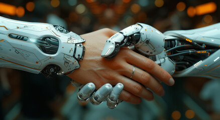 A robot hand shakes a human hand. The robot hand is white and has a blue light on it