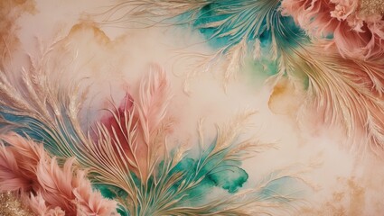 Sticker - Abstract watercolor painting featuring a delicate feather design in pink, green, and gold hues