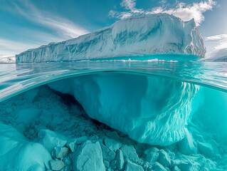 A large ice block is floating in the ocean. The water is blue and the ice is white