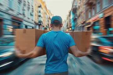 Delivery Man Navigating Busy City Street