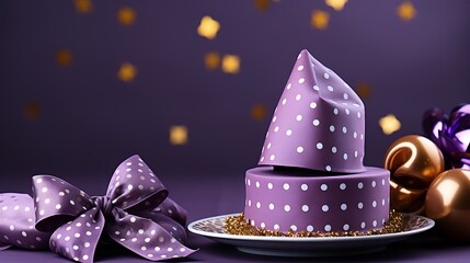 Wall Mural - A silver birthday party streamer and a golden party cap with polka dots isolated on a solid purple background