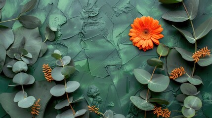 Poster - Flat lay of orange gerbera daisy flower and eucalyptus leaves on green surface