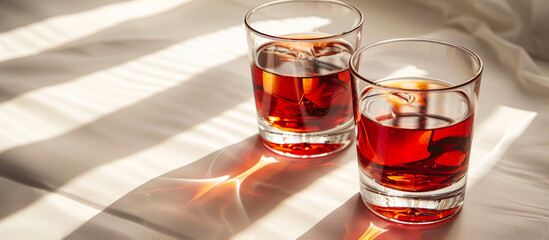 Wall Mural - Two glasses of red liquid on a table. The light is shining on the glasses, creating a warm and inviting atmosphere