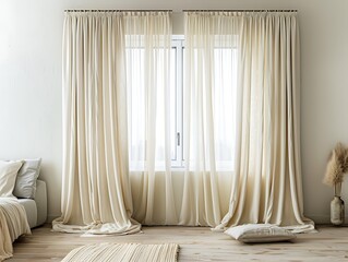 Ivory curtains in a serene bedroom, minimalist decor, soft light filtering, elegant design, peaceful atmosphere, cozy home, contemporary interior, stylish window treatment.