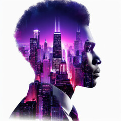 A man's face is shown in a cityscape with a purple and blue background