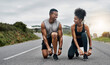 © ClearConcept/peopleimages.com - Nature, fitness and couple tie shoelace in road with running exercise for race or marathon training. Sports, outdoor and people of track and field athletes preparing for cardio workout in mountain.