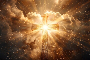 God light in heaven symbolizing divine presence, truth, spiritual illumination, God love and grace. Cross-shaped light beams blessing world with heavenly light