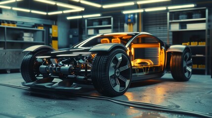 Wall Mural - Concept of Authentic Electric Car Platform Chassis Prototype Standing in High Tech Industrial Machinery Design Laboratory. Hybrid Frame include Tires, Suspension, Engine and Battery.