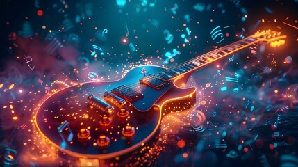 Wall Mural - glowing electric guitar radiating vibrant music notes in dynamic rock and roll theme