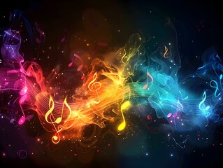 Wall Mural - Colorful and Energetic Music Notes with Rainbow Trails on Dark Background Concept