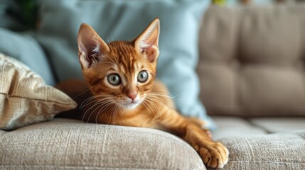 Sticker - A bright-eyed ginger kitten lounges comfortably on a beige couch, with its striking eyes taking in its surroundings, embodying pure curiosity and playful innocence.