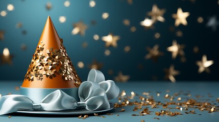 A silver birthday party streamer and a golden party cap with stars isolated on a solid blue background