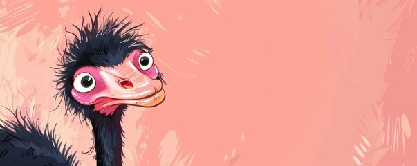 A cartoonish ostrich with long eyelashes and a big smile. The colorfull background adds a cheerful and playful mood to the image. Free copy space for text.