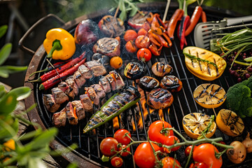 Poster - A grill is full of food including meat, vegetables, and fruit