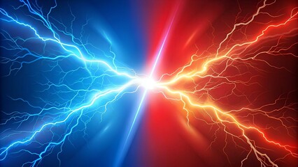 lightning collision red and blue background, versus banner. powerful colored lightnings and the flas
