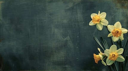 Wall Mural - Spring daffodils in bright and dark yellow tones on a blackboard with a vintage filter