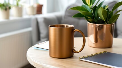 Bronze mug on a minimalist oak table, sleek design, with notepad and Ficus plant.