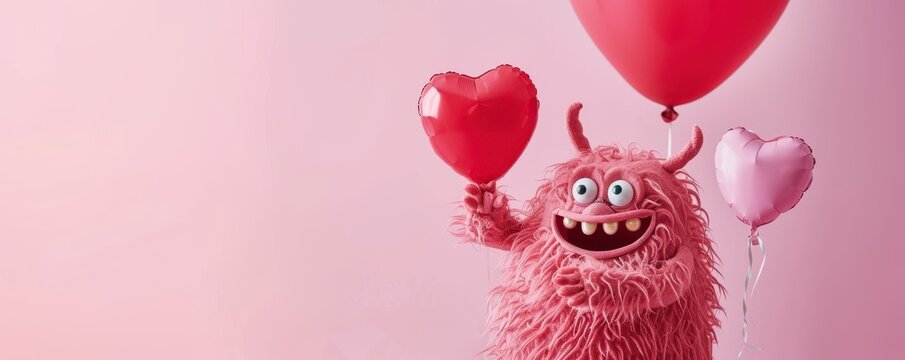 A pink monster with horns and a heart balloon. Concept of playfulness and whimsy, as the monster is holding a heart balloon and he is happy. Free copy space for text.
