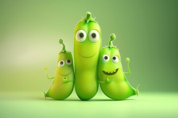 Adorable family of green pea cartoon characters with happy expressions. Perfect for children's content and healthy eating campaigns.