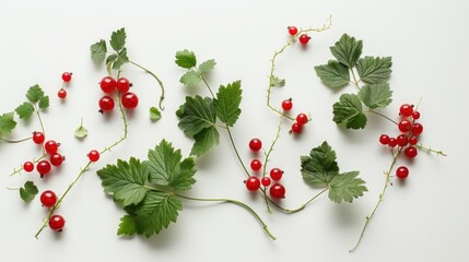 Wall Mural - Still life with red currant berries and green leaves on a white background