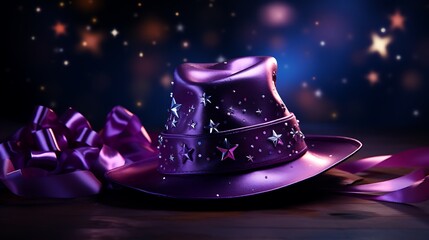 Wall Mural - A silver party hat with a star pattern, vibrant streamers flowing, isolated on a solid purple background