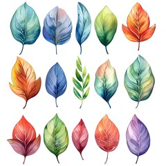 Canvas Print - Vibrant Watercolor Leaf Collection   Geometric Shapes and Natural Hues on Minimalist Background