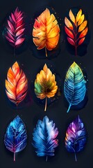 Canvas Print - Vibrant Watercolor Leaf Set in Radiant Colors on Dark Background