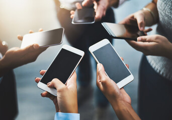 Poster - Hands, group and cellphone for new, online and screen of mockup, typing and research of competition. Business, people and mobile with internet, social media and closeup of teamwork in business