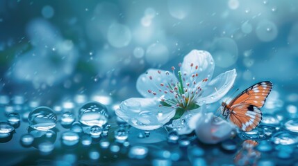 Poster - Tender white flowers in dew droplets and emerals butterfly on blue