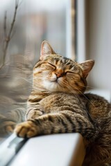 Poster - A cat with a mischievous human grin lounges on a windowsill, plotting its next playful adventure.