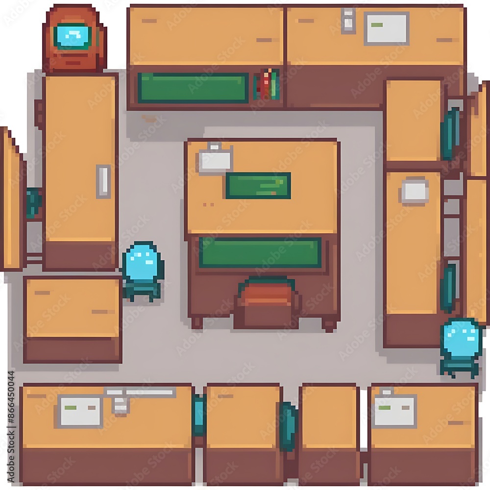 Pixel art office interior design. Top view of workplace with computers ...