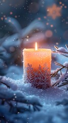 Canvas Print - Glowing Candle Surrounded by Frosted Glass and Falling Snowflakes in Winter Wonderland Scene