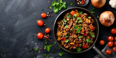 Wall Mural - Overhead view of Mexican picadillo featuring seasoned ground beef and vegetables. Concept Mexican Cuisine, Beef Recipes, Picadillo, Ground Beef, Cooking Vegetables