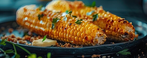 Wall Mural - Close-up of deliciously grilled corn on the cob garnished with herbs and spices, served on a plate with blurred background.