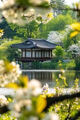 Poster - A hanok by a pond, framed by blossoming flowers and verdant trees, bathed in the gentle light of a spring afternoon.