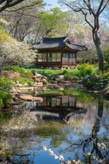 Poster - A hanok nestled among flowering trees, with a pond reflecting the spring sky and light casting gentle shadows.