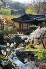 Wall Mural - A hanok nestled in a blooming garden, with a serene pond and sunlight creating a magical spring scene.