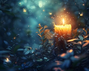 Canvas Print - Ethereal Candle Glowing Softly in Enchanted Mystical Forest with Fairies