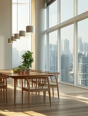 Wall Mural - Dining room interior with table and chairs with city view