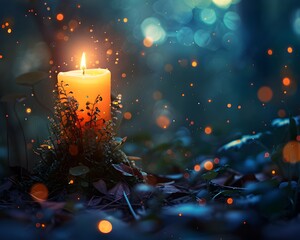 Canvas Print - Ethereal Glowing Candle Surrounded by Mystical Forest Fairies Soft Lighting Concept