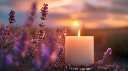 Poster - Calming Lavender Candle in Serene Outdoor Setting with Soft Glow and Soothing Aroma