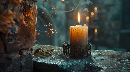 Canvas Print - Moody Medieval Candle in Iron Holder Placed in Stone Castle Environment